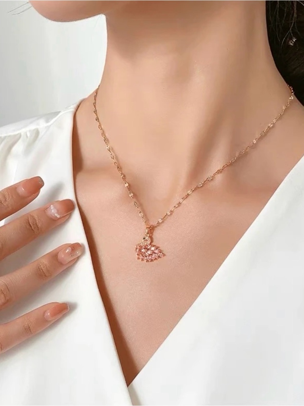 Gold Plated Swan Pendant Necklace With Pink Crystal Zirconia-Women’s Jewelry